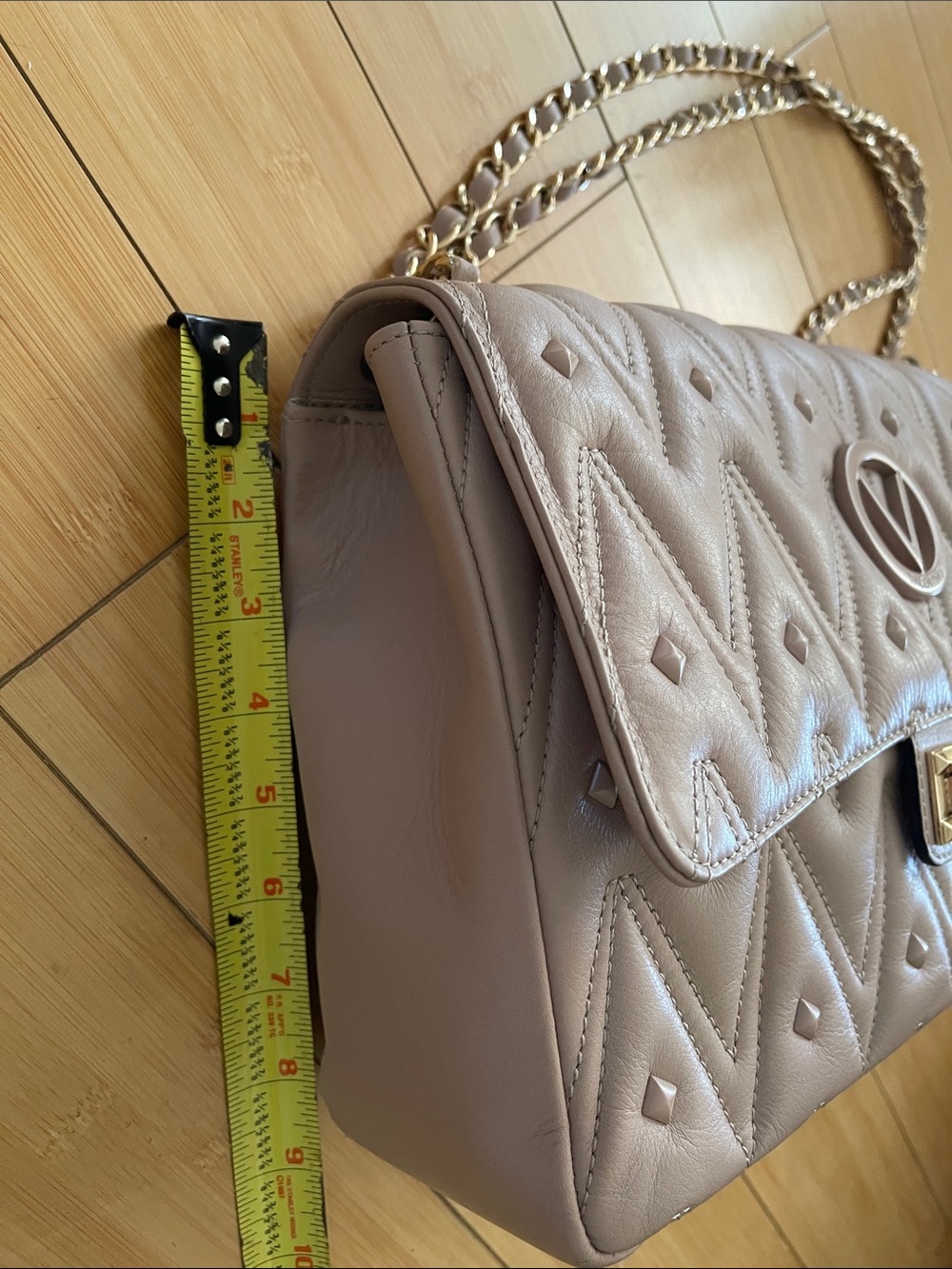 Women Large Valentino By Mario Studded Shoulder Chain/leather Shoulder Bag Nude - Picture 14 of 15